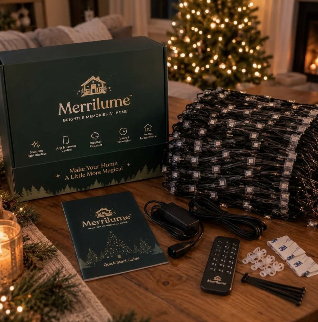 Merrilume kit contents: box, LED curtain lights, adapter, remote, guide and clips