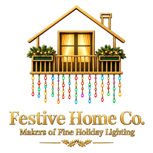 A decorative wooden house-shaped wall piece with a glowing window, small green plants on the balcony, and hanging multicolored string lights below, set against a dark green background. Gold text at the bottom reads 'Festive Home Co.