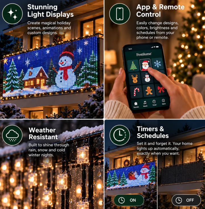 Merrilume features: light displays, app control, weather resistant, timers