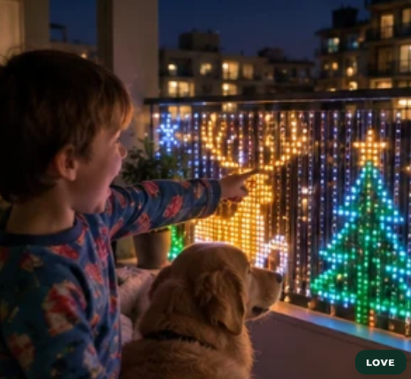 Child and dog looking at reindeer and tree designs on Merrilume lights